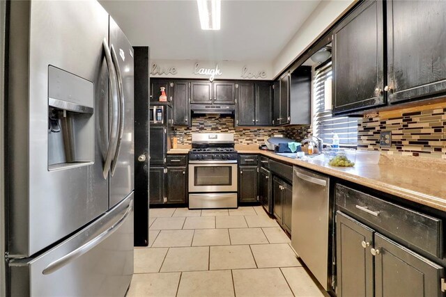 4904 Washington St, Oklahoma City, OK 73135 - kitchen with appliances with stainless steel finishes, backsplash, light tile patterned floors, and light countertops