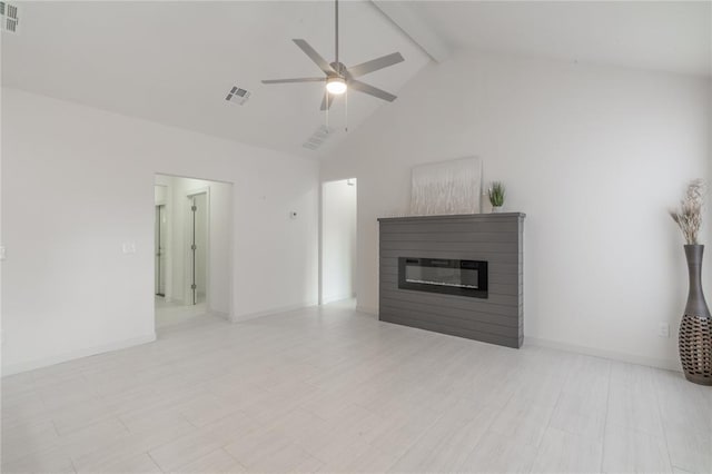 316 SE 45th St, Oklahoma City, OK 73129 - unfurnished living room featuring beam ceiling, a glass covered fireplace, ceiling fan, and high vaulted ceiling
