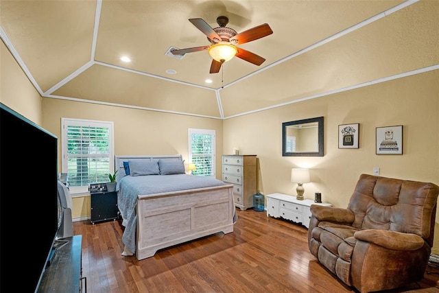 817 NW 76th St, Lawton, OK 73505 - bedroom featuring wood finished floors, lofted ceiling, ceiling fan, and recessed lighting