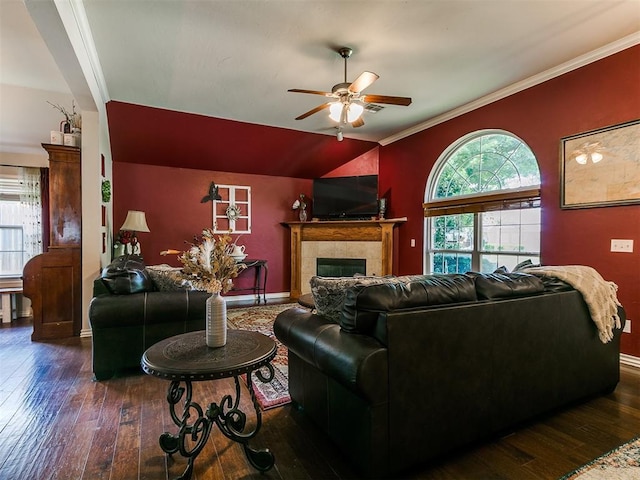1205 NW 190th Pl, Edmond, OK 73012 - living room featuring a ceiling fan, hardwood / wood-style floors, a fireplace, ornamental molding, and vaulted ceiling