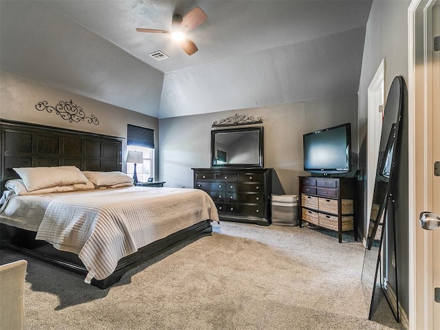 1205 NW 190th Pl, Edmond, OK 73012 - bedroom featuring carpet flooring, lofted ceiling, and ceiling fan