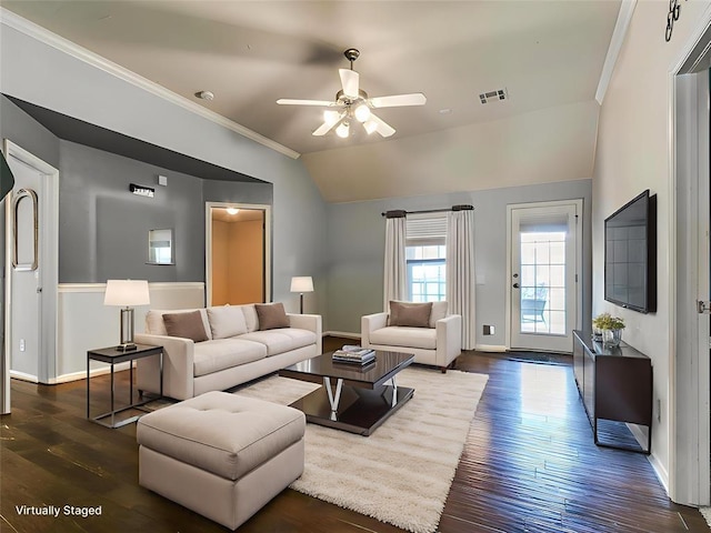 1205 NW 190th Pl, Edmond, OK 73012 - living room with ceiling fan, dark wood finished floors, ornamental molding, and vaulted ceiling