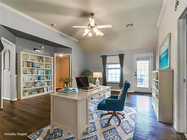 1205 NW 190th Pl, Edmond, OK 73012 - office space with ceiling fan, crown molding, dark wood-style floors, and lofted ceiling