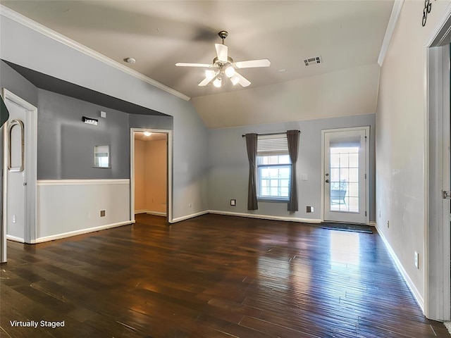 1205 NW 190th Pl, Edmond, OK 73012 - spare room with ceiling fan, lofted ceiling, crown molding, and dark wood-type flooring
