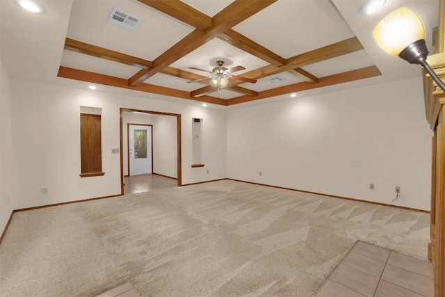 3217 Quail Cir, Altus, OK 73521 - unfurnished room featuring light carpet, coffered ceiling, beam ceiling, ceiling fan, and recessed lighting