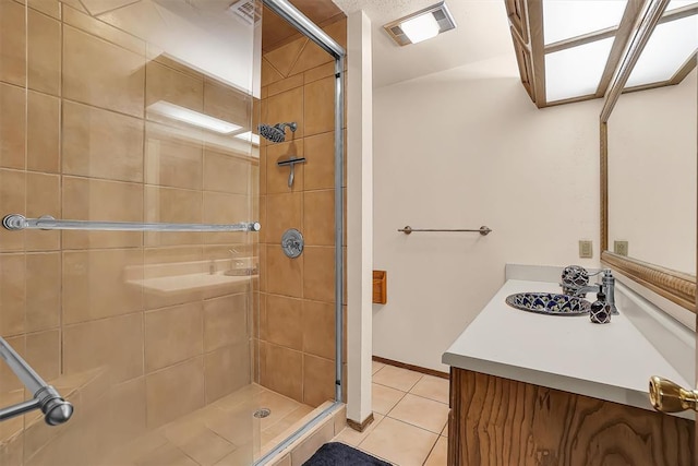 3217 Quail Cir, Altus, OK 73521 - bathroom with tile patterned floors, a shower stall, and vanity