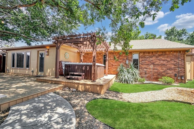 3217 Quail Cir, Altus, OK 73521 - rear view of house with a hot tub, a patio, a pergola, and brick siding