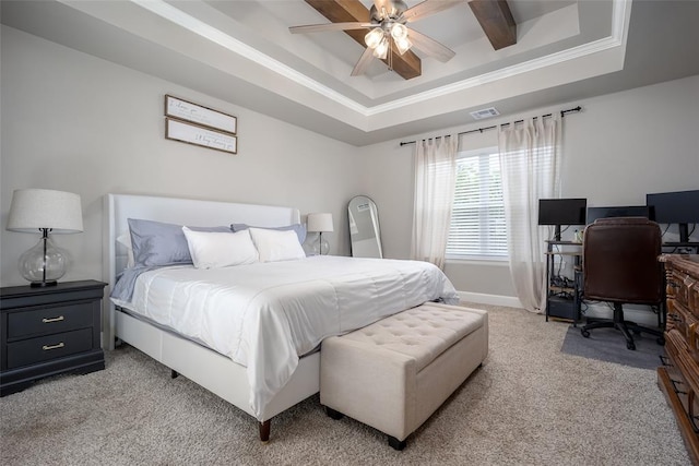 1540 17th Pl, Newcastle, OK 73065 - bedroom with a tray ceiling, light colored carpet, ornamental molding, an office area, and a ceiling fan