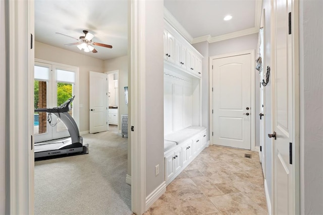 1605 Hidden Lake Dr, Edmond, OK 73034 - mudroom with a ceiling fan and ornamental molding
