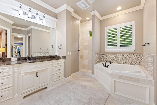 1605 Hidden Lake Dr, Edmond, OK 73034 - full bath with a bath, vanity, crown molding, a tile shower, and recessed lighting