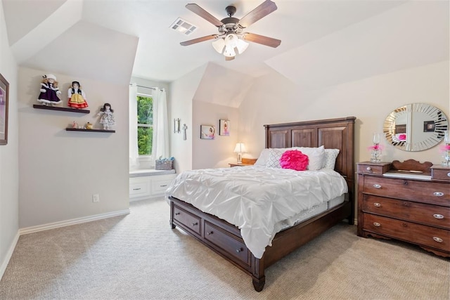 1605 Hidden Lake Dr, Edmond, OK 73034 - bedroom with lofted ceiling, light carpet, and a ceiling fan