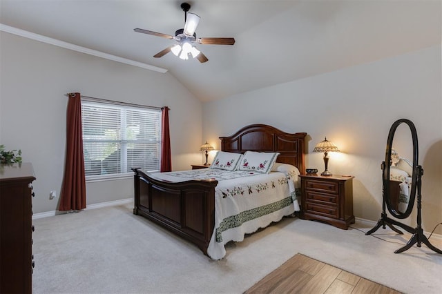 1604 Central Pkwy, Norman, OK 73071 - bedroom featuring lofted ceiling, ceiling fan, ornamental molding, and light colored carpet