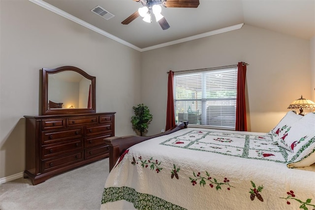 1604 Central Pkwy, Norman, OK 73071 - bedroom featuring light carpet, vaulted ceiling, ceiling fan, and crown molding