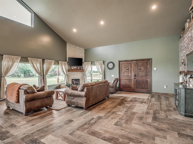 4920 W Forrest Hills Rd, Guthrie, OK 73044 - living room featuring high vaulted ceiling and a fireplace