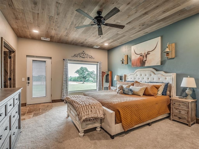 4920 W Forrest Hills Rd, Guthrie, OK 73044 - bedroom featuring wood ceiling, light colored carpet, recessed lighting, and a ceiling fan