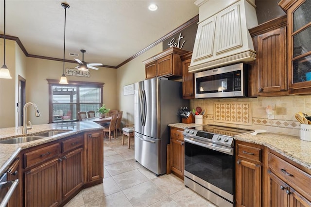 12816 NW 6th St, Yukon, OK 73099 - kitchen featuring appliances with stainless steel finishes, decorative backsplash, ceiling fan, ornamental molding, and glass insert cabinets