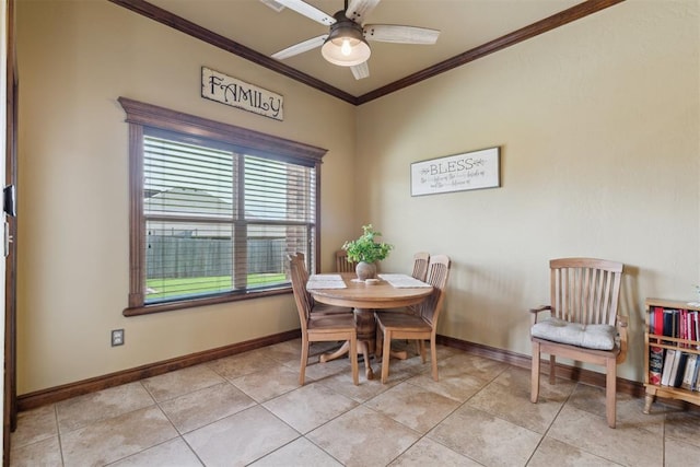12816 NW 6th St, Yukon, OK 73099 - dining space with crown molding, ceiling fan, and light tile patterned flooring