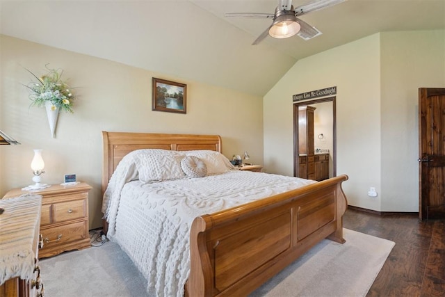 12816 NW 6th St, Yukon, OK 73099 - bedroom featuring vaulted ceiling, wood finished floors, ensuite bathroom, and ceiling fan