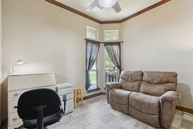 12816 NW 6th St, Yukon, OK 73099 - office featuring a ceiling fan, crown molding, and light stone finish floors
