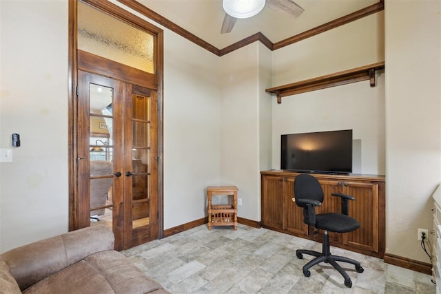 12816 NW 6th St, Yukon, OK 73099 - home office featuring crown molding, a ceiling fan, stone finish floors, and french doors