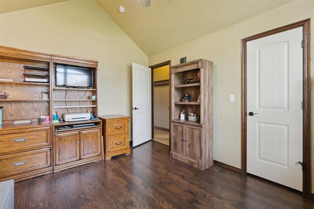 12816 NW 6th St, Yukon, OK 73099 - home office featuring dark wood-type flooring and high vaulted ceiling
