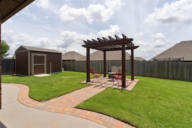 12816 NW 6th St, Yukon, OK 73099 - fenced backyard featuring a patio area, a pergola, and a storage unit