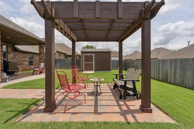 12816 NW 6th St, Yukon, OK 73099 - fenced backyard featuring a storage shed, a pergola, and a patio area