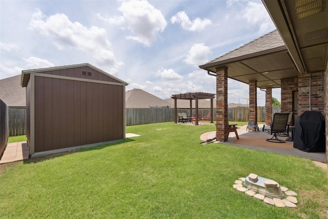 12816 NW 6th St, Yukon, OK 73099 - fenced backyard with a storage shed, a pergola, and a patio area