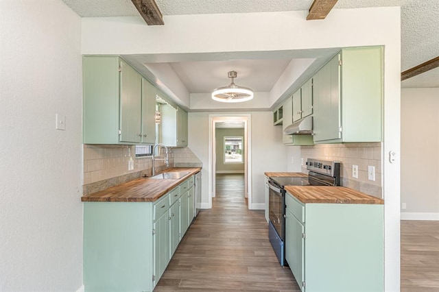 1004 Ranchoak Ct, Yukon, OK 73099 - kitchen featuring stainless steel electric range, under cabinet range hood, wood counters, wood finished floors, and tasteful backsplash