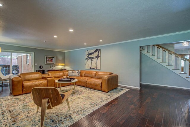 4973 NW 31st Ter, Oklahoma City, OK 73122 - living area featuring crown molding, stairway, recessed lighting, and wood finished floors