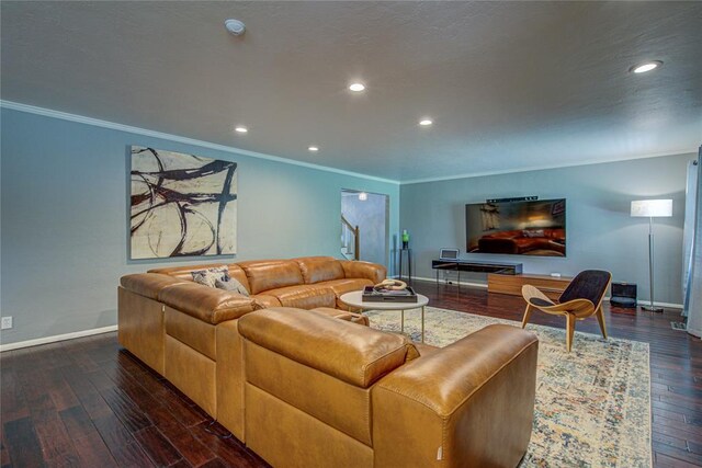 4973 NW 31st Ter, Oklahoma City, OK 73122 - living area featuring stairs, hardwood / wood-style floors, ornamental molding, and recessed lighting