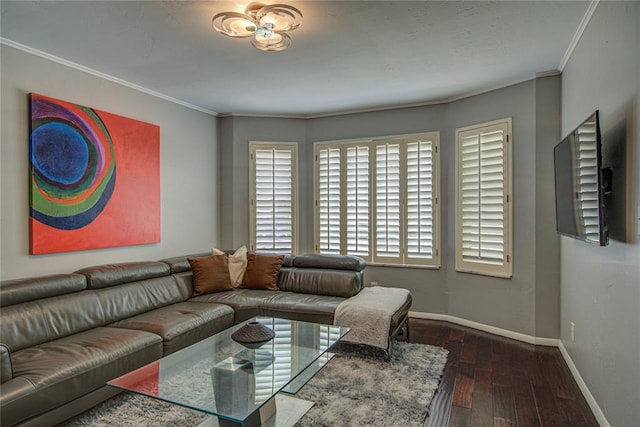 4973 NW 31st Ter, Oklahoma City, OK 73122 - living room featuring ornamental molding and dark wood-style flooring