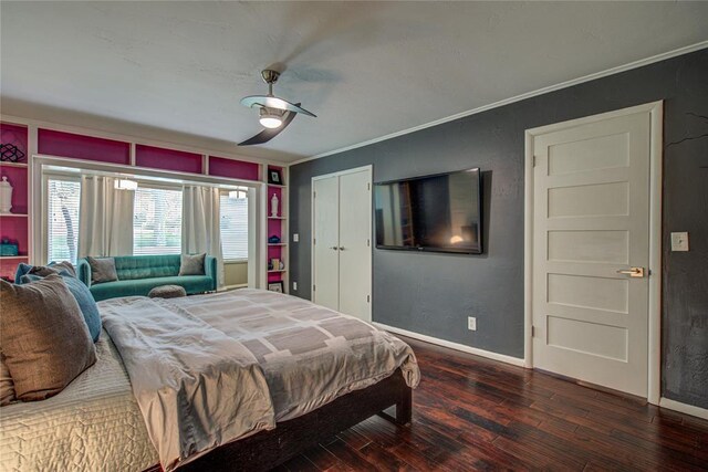 4973 NW 31st Ter, Oklahoma City, OK 73122 - bedroom with wood-type flooring, ornamental molding, and a ceiling fan