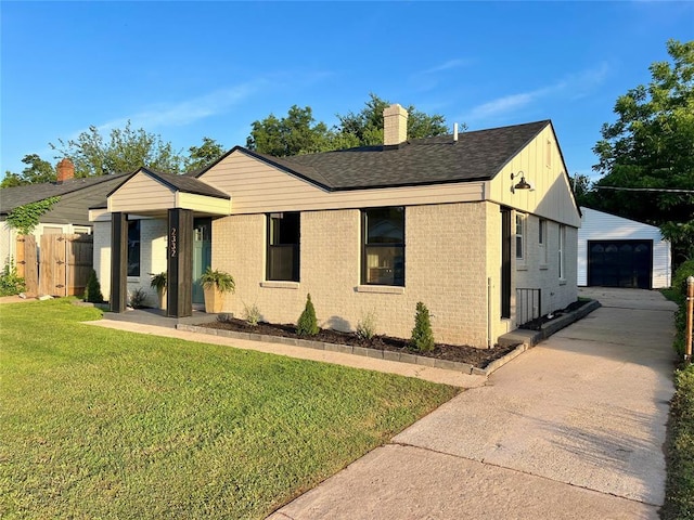 2332 NW 31st St, Oklahoma City, OK 73112 - ranch-style home featuring brick siding, an outbuilding, board and batten siding, a chimney, and a shingled roof