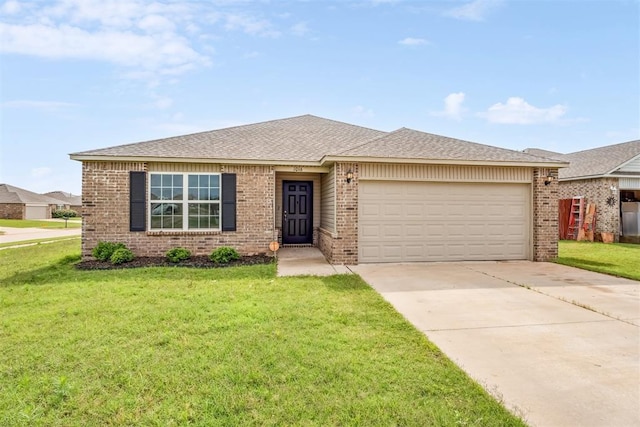 1016 N Deer Court Way, Mustang, OK 73064 - ranch-style house with brick siding, a garage, a front lawn, and driveway