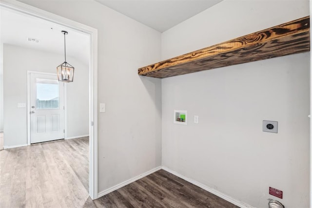 1016 N Deer Court Way, Mustang, OK 73064 - laundry area featuring washer hookup, wood finished floors, electric dryer hookup, and a chandelier