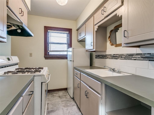 312 NW 24th St, Oklahoma City, OK 73103 - kitchen with white appliances, range hood, and backsplash