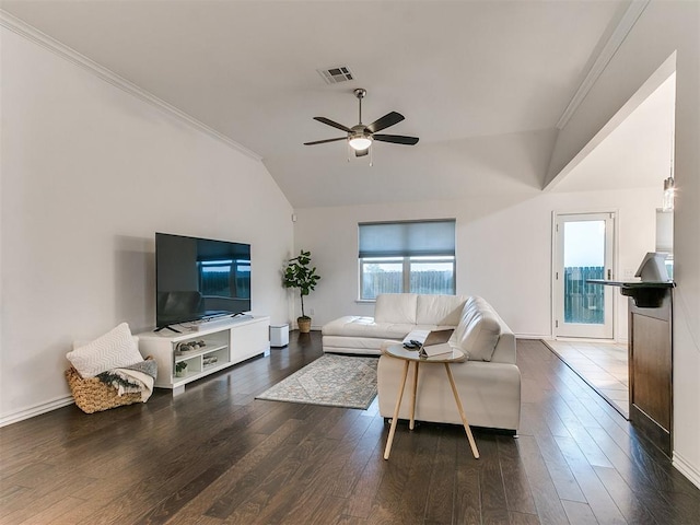 19940 Vivace Ct, Edmond, OK 73013 - living area with lofted ceiling, wood finished floors, a ceiling fan, and crown molding