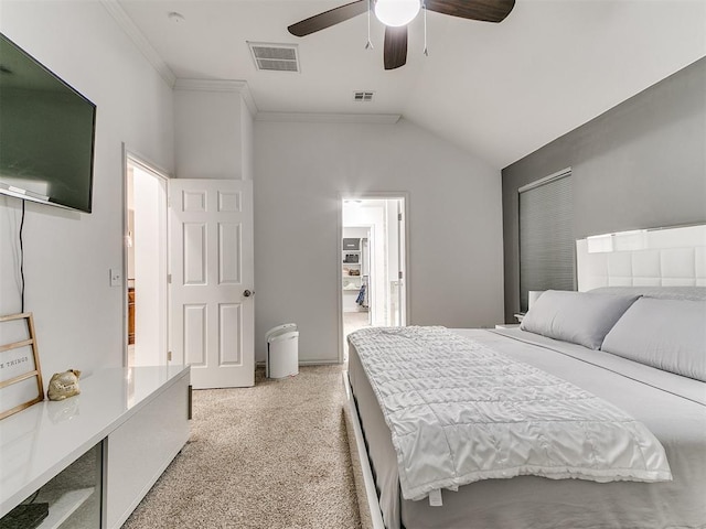 19940 Vivace Ct, Edmond, OK 73013 - bedroom with light carpet, lofted ceiling, a ceiling fan, and crown molding