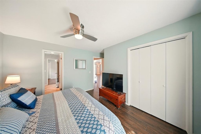 7617 N Ann Arbor Ave, Oklahoma City, OK 73132 - bedroom featuring dark wood-style floors, a closet, and ceiling fan