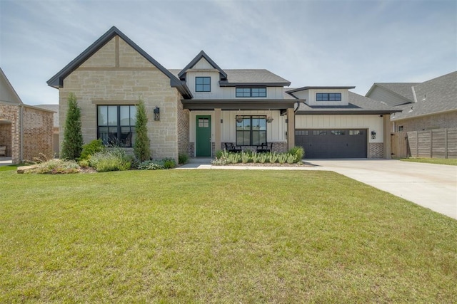 3824 Library Ln, Edmond, OK 73034 - view of front of house featuring board and batten siding, a garage, concrete driveway, and covered porch