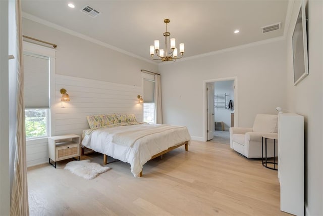 3824 Library Ln, Edmond, OK 73034 - bedroom with a chandelier, light wood-type flooring, ornamental molding, and recessed lighting