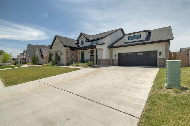 3824 Library Ln, Edmond, OK 73034 - modern farmhouse style home with brick siding, concrete driveway, an attached garage, and board and batten siding