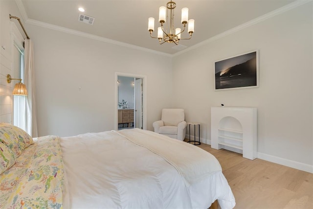 3824 Library Ln, Edmond, OK 73034 - bedroom with light wood finished floors, a chandelier, crown molding, and ensuite bathroom