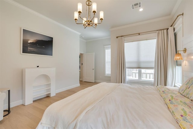 3824 Library Ln, Edmond, OK 73034 - bedroom with light wood-style floors, a chandelier, and crown molding