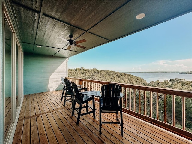 118900 S 4213th Rd, Eufaula, OK 74432 - wooden deck with a water view and ceiling fan