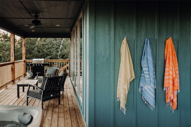 118900 S 4213th Rd, Eufaula, OK 74432 - wooden deck with a ceiling fan and a grill