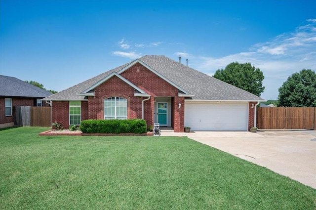 11517 Brighton Ct, Midwest City, OK 73130 - ranch-style house with an attached garage, driveway, brick siding, and roof with shingles