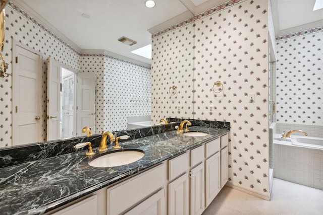 2825 NW Grand Blvd Unit 3, Oklahoma City, OK 73116 - full bathroom with a bath, double vanity, wallpapered walls, and a shower