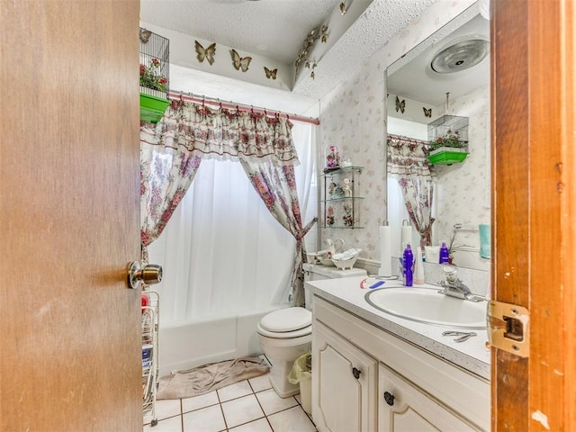 4021 E Larkwood Dr, Del City, OK 73115 - bathroom featuring tile patterned floors, vanity, wallpapered walls, shower / bathtub combination with curtain, and a textured ceiling